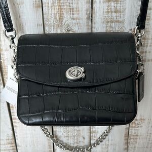 Coach Black Leather Croc Embossed Cassie 19 Crossbody Bag Purse New NWT